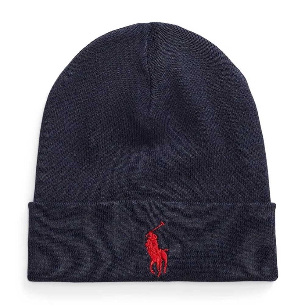 Polo by Ralph Lauren Dark Blue Beanie with Red Emblem